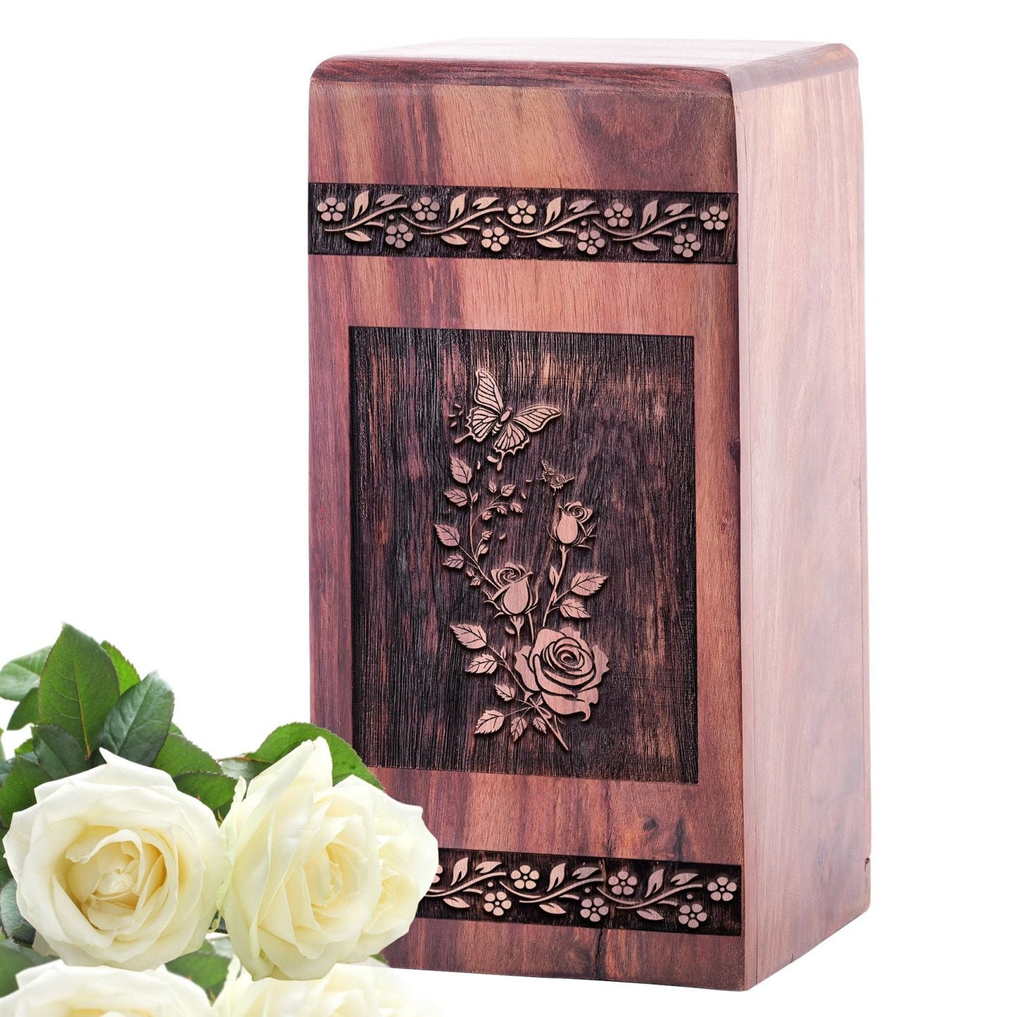 Butterfly with Flower Wood Urn for Human Ashes Keepsake