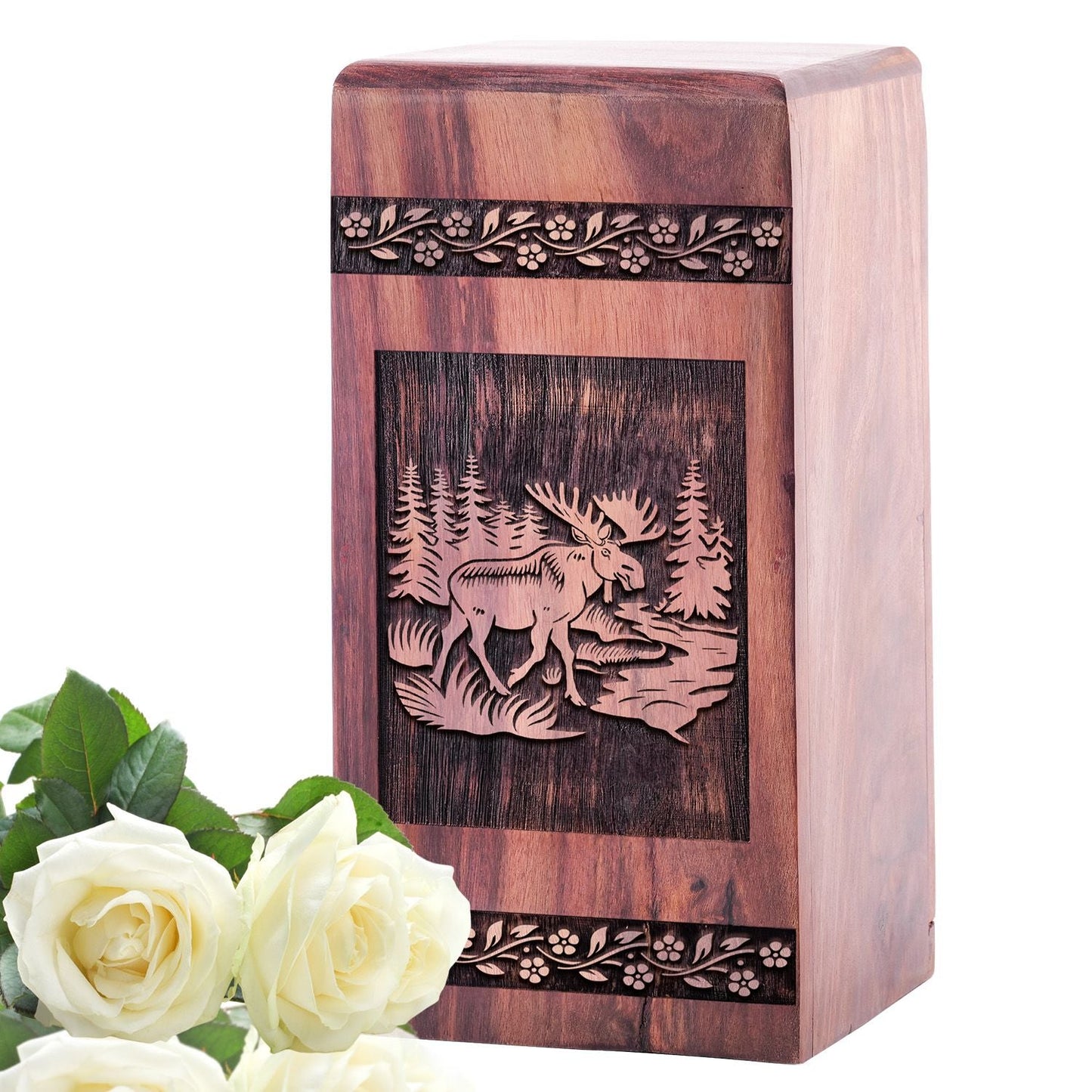 Beautiful Deer Wooden Urn Box for Human Cremation Ashes