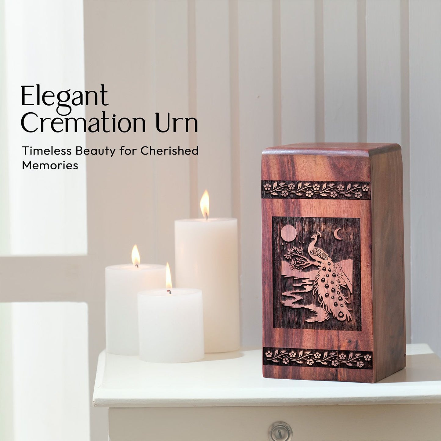 Peacock Wooden Box Urn for Human Cremation Ashes