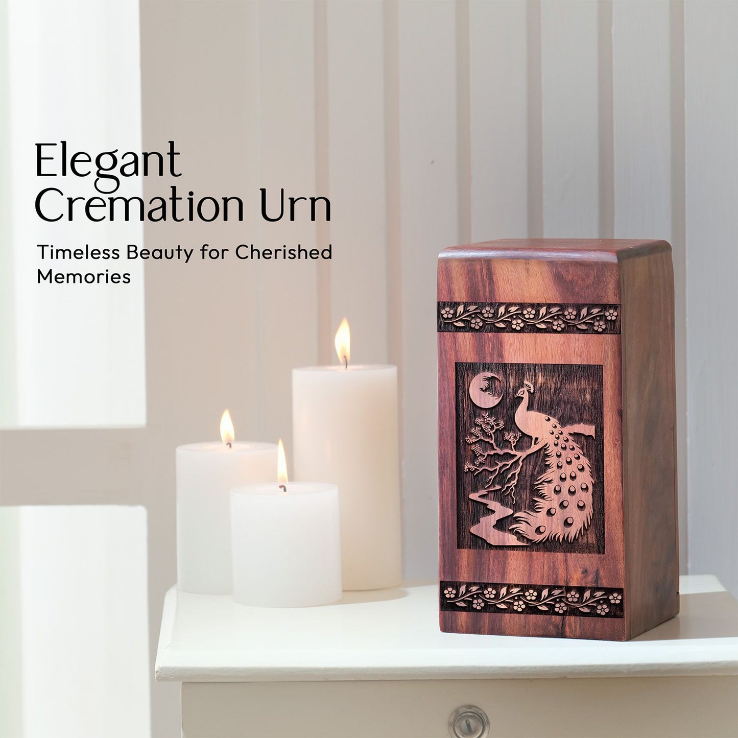 Peacock Small Wooden Box Urn for Adult Memorial Ashes