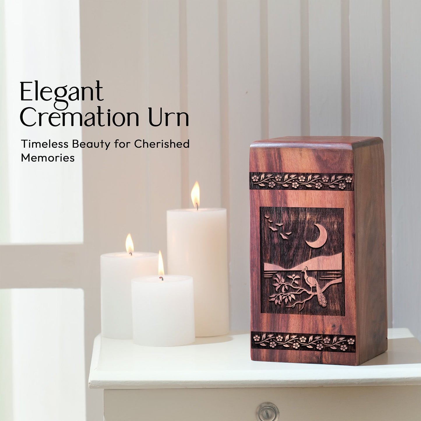 Peacock Unique Wooden Box Urn for Human Cremation Ashes