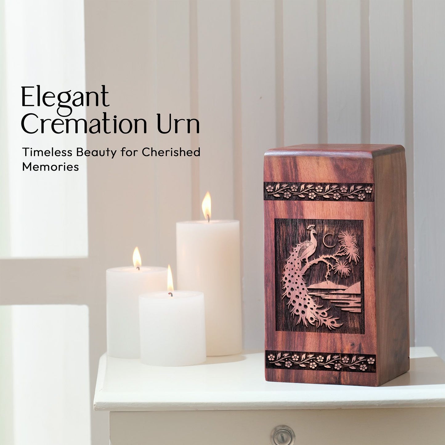 Peacock Wooden Box Urn for Adults Cremation Ashes Urn