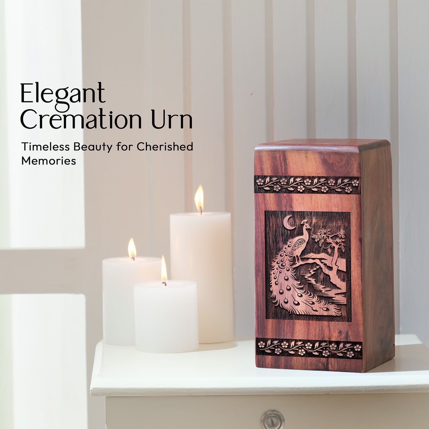 Peacock Beautiful Wooden Box Urn for Cremation Ashes