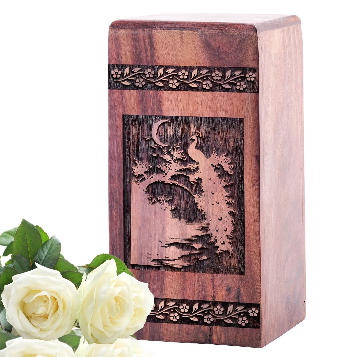 Large Wooden Peacock Cremation Urn for Human Ashes