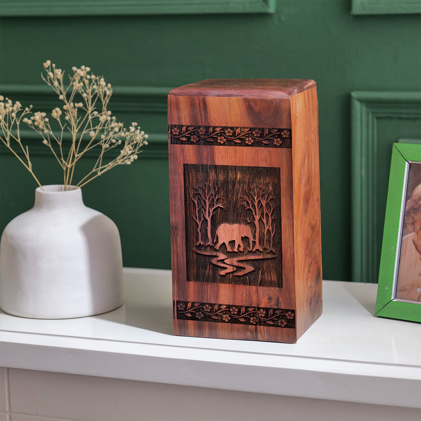 Elephant Urn Size 14 Inch 14”(H) x 7.5”(W) x 7.5”(L)