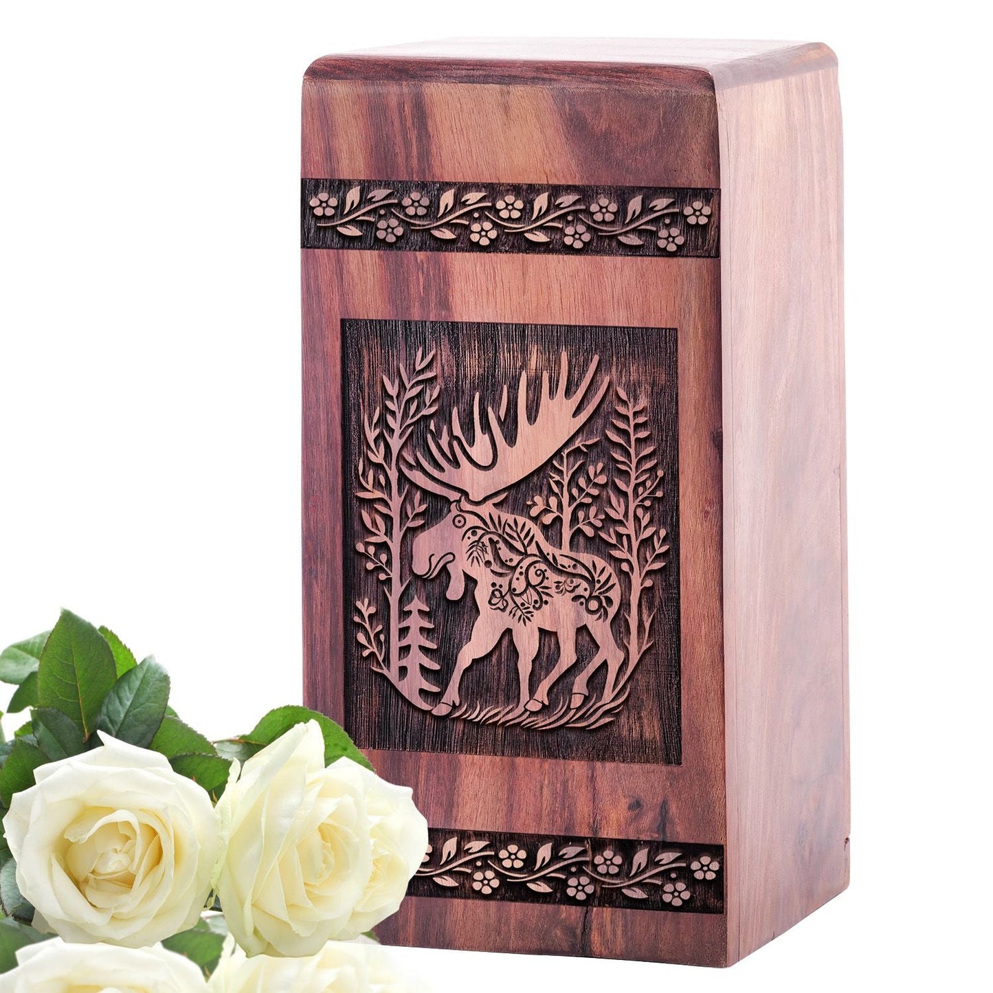 Medium Wooden Moose Walking Cremation Urn for Memorial Ashes