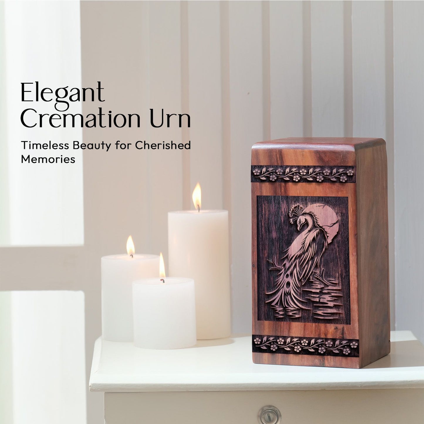 Medium Wooden Peacock Funeral Urn for Human Cremation Ashes