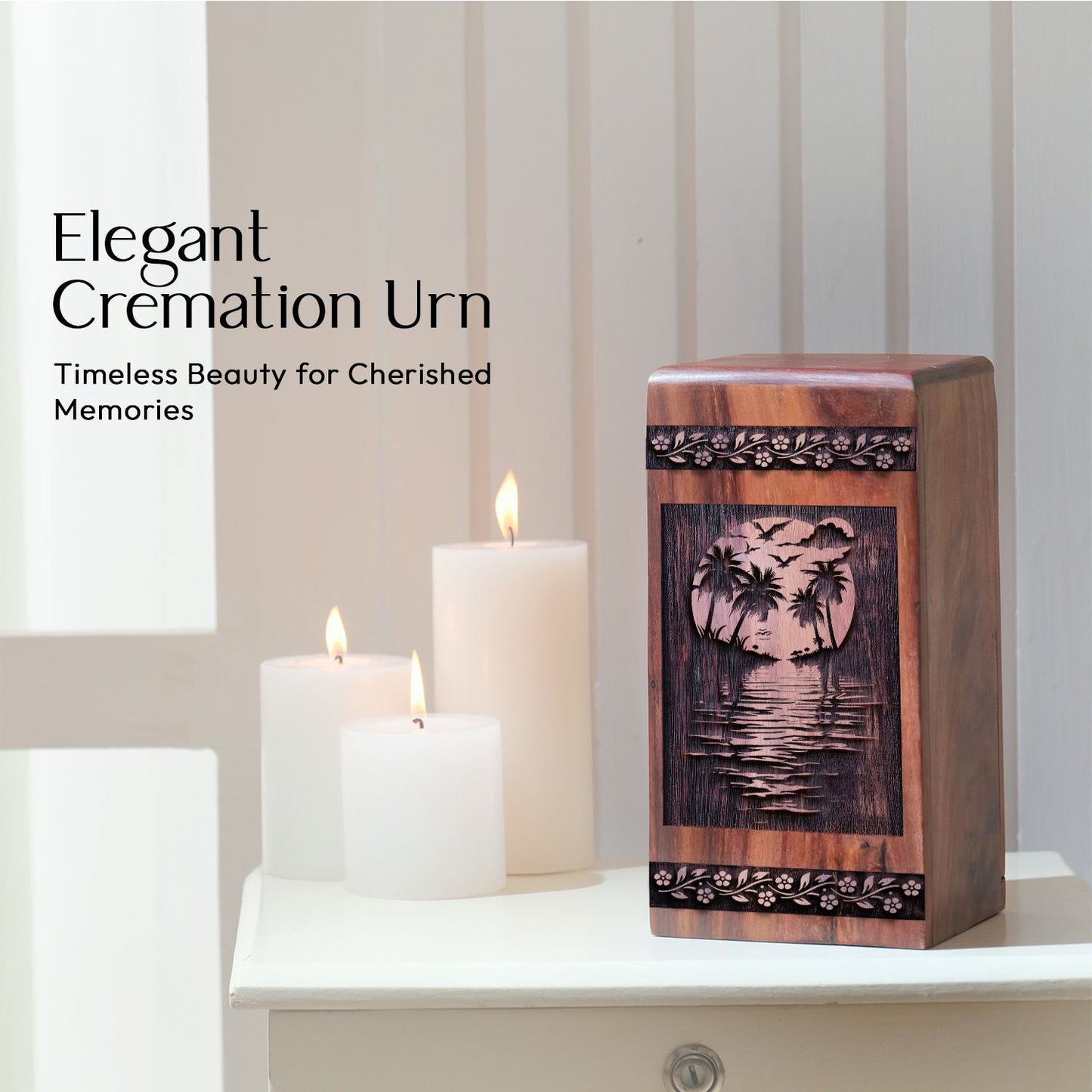 Decorative Wooden Sunset Beach Urn for Human Cremation Ashes