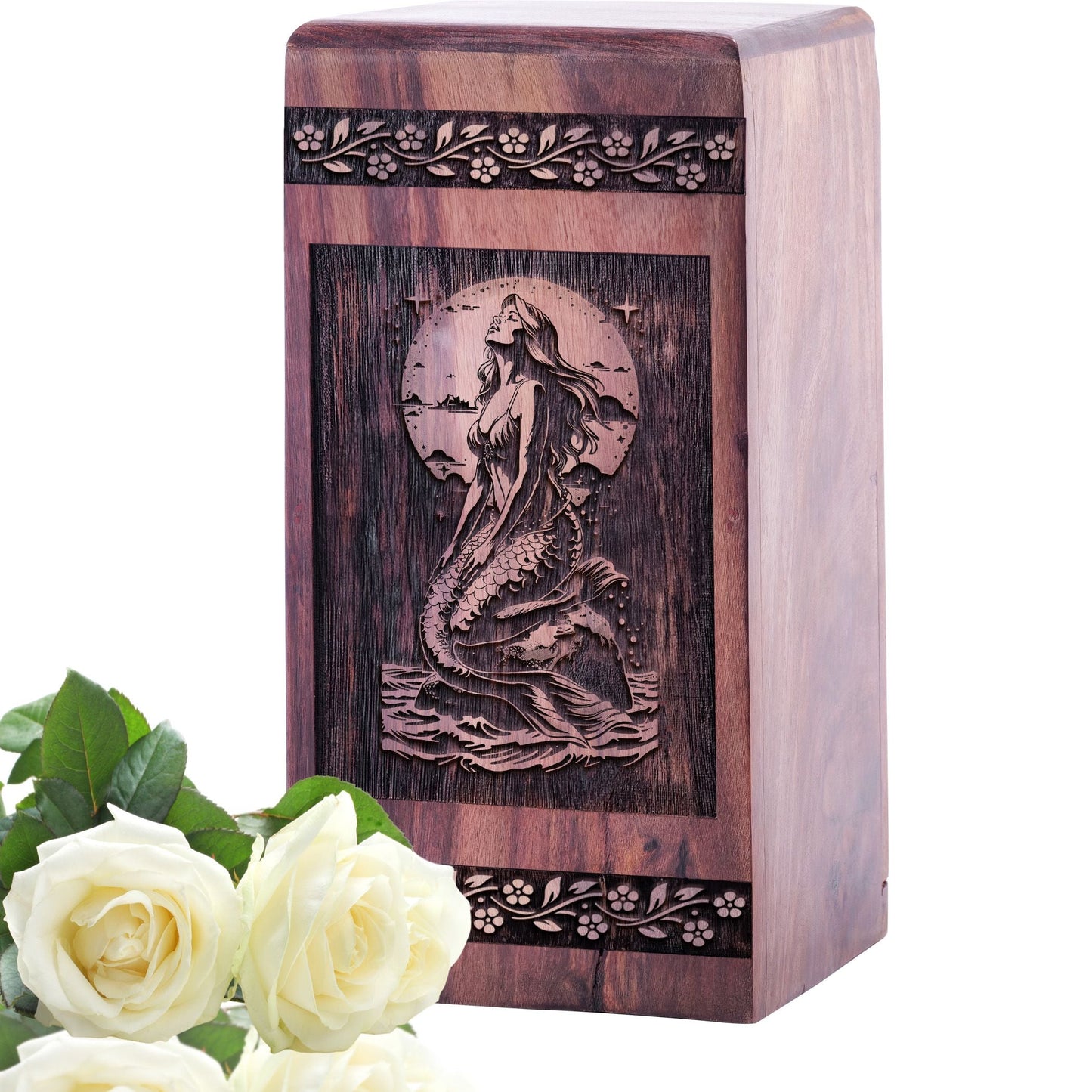 Handmade Wooden Cremation Urn with Mermaid Wood Box for Burial