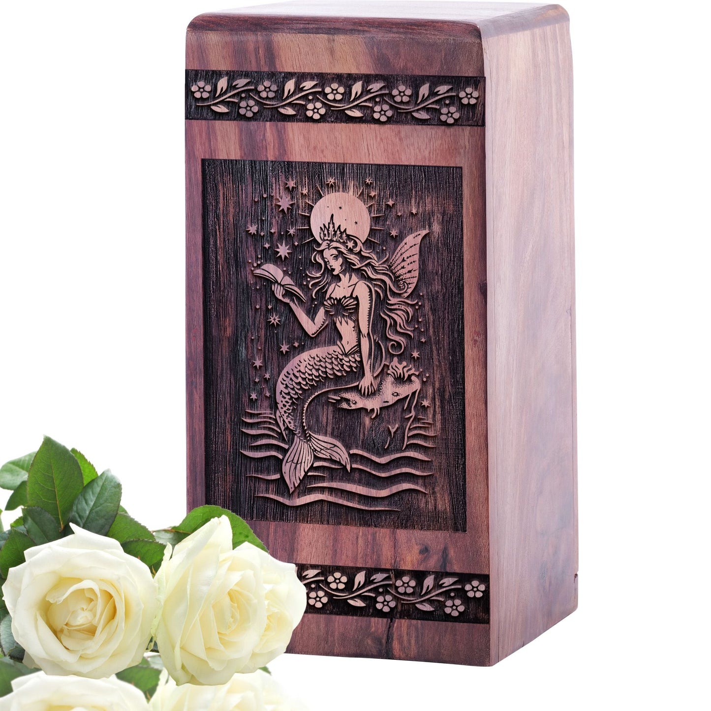 Handcrafted Wooden Mermaid Urn Box for Human Cremation Ashes