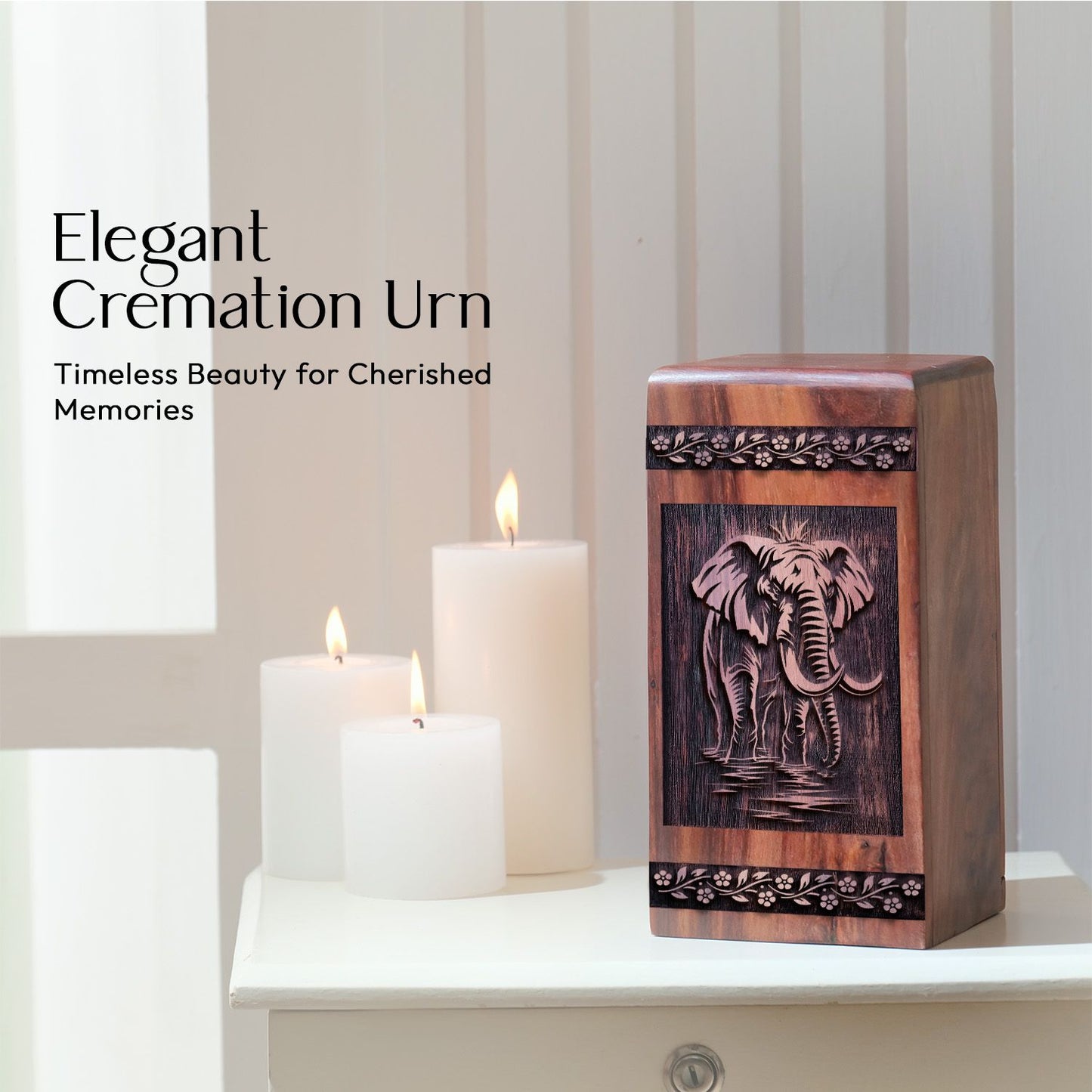 Unique Wooden Urn with Elephant Wood Box for Memorial Ashes