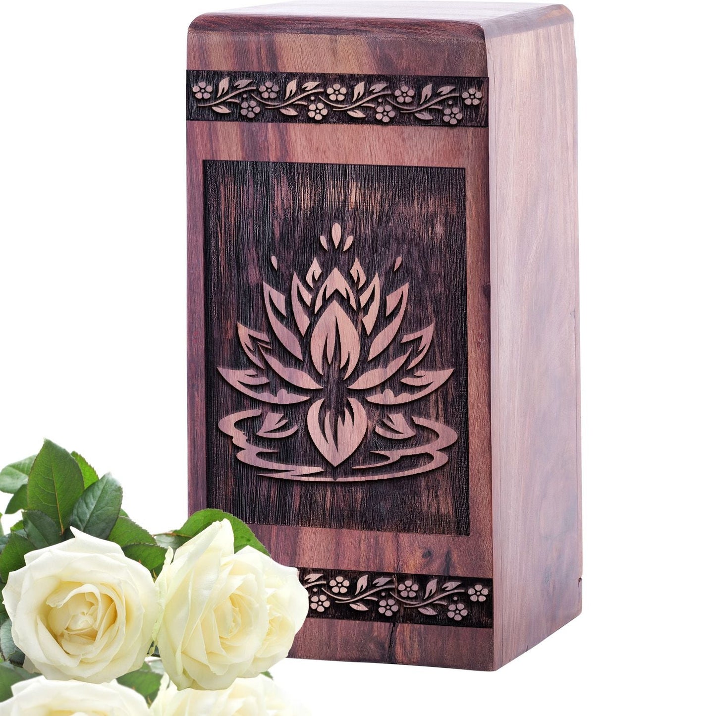 Beautiful Lotus Flower Wood Cremation Urn for Memorial Ashes