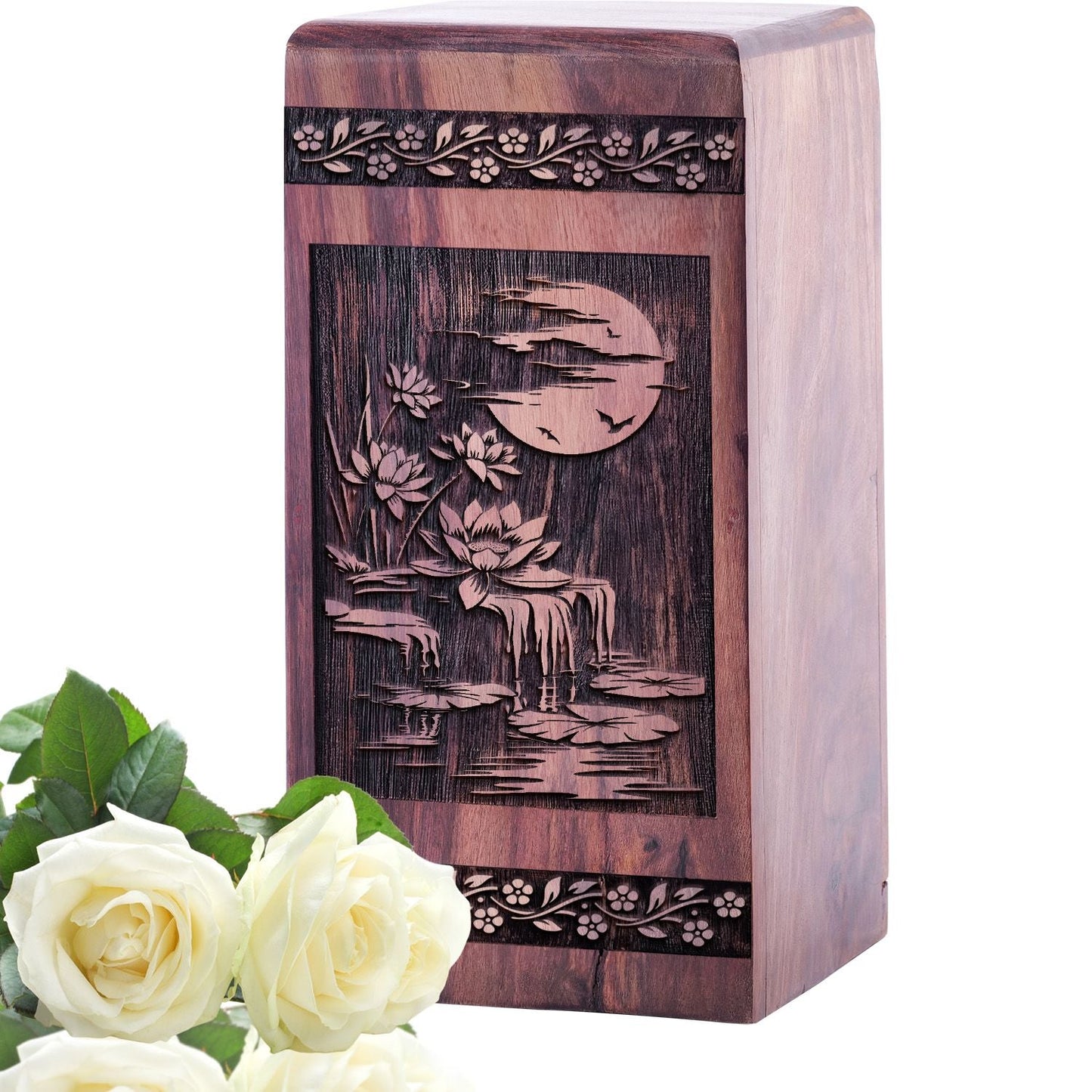 Wooden Lotus Flower Memorial Urn for Human Ashes Box