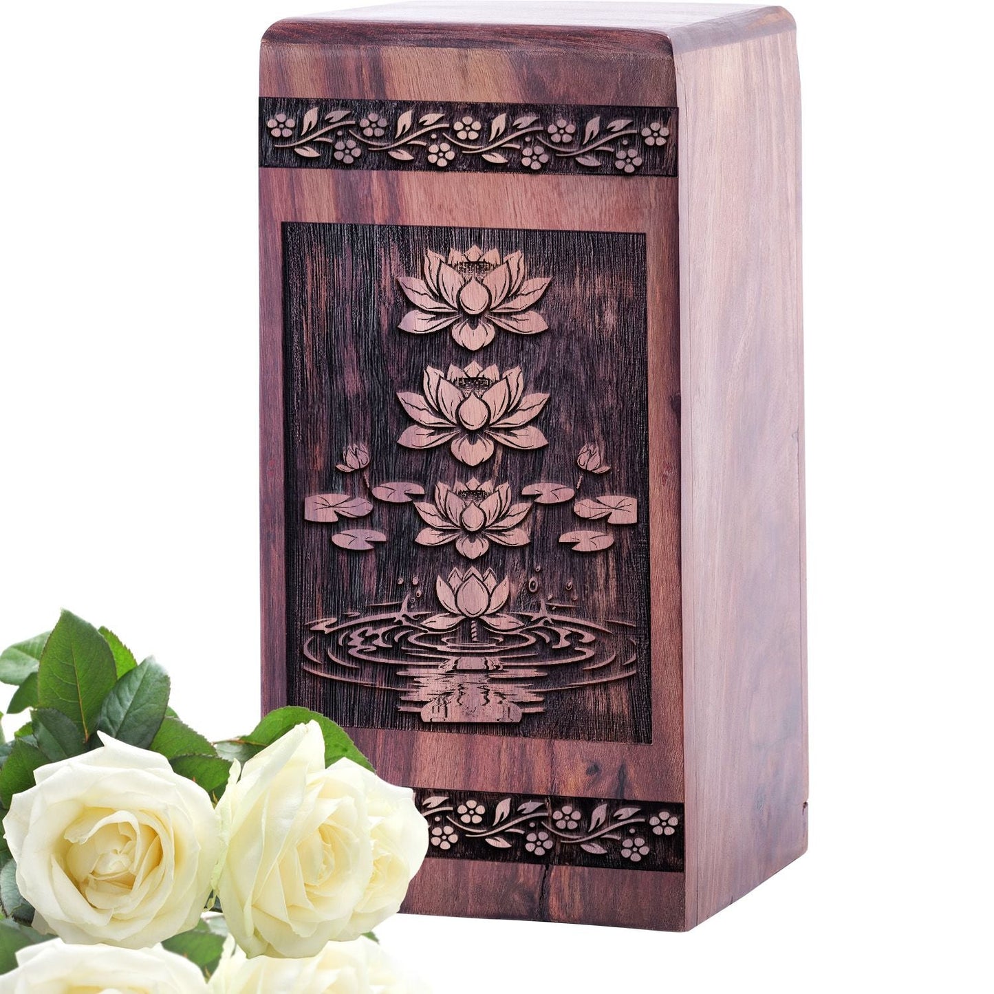 Large Wooden Lotus Flower Cremation Urn for Adult Burial Ashes