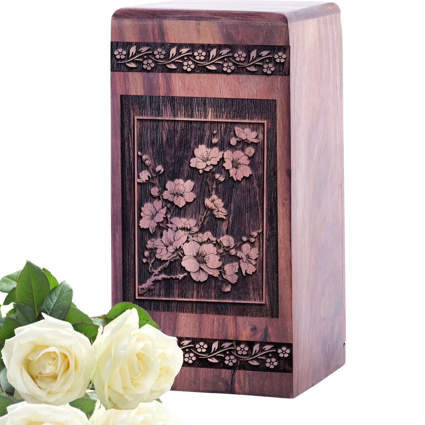 Beautiful Cherry Blossoms Wood Cremation Urn for Memorial Ashes