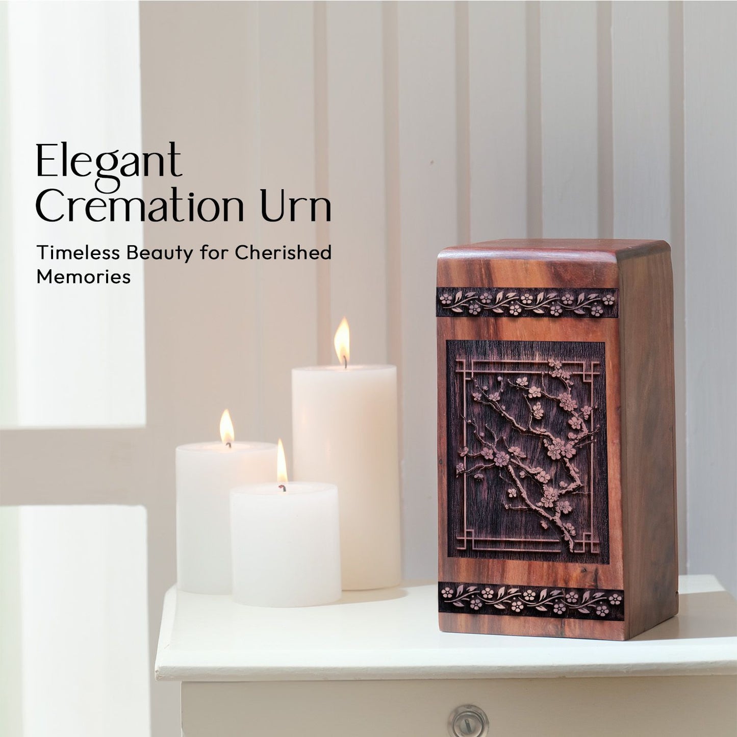 Medium Wooden Cherry Blossoms Memorial Urn for Cremation Ashes