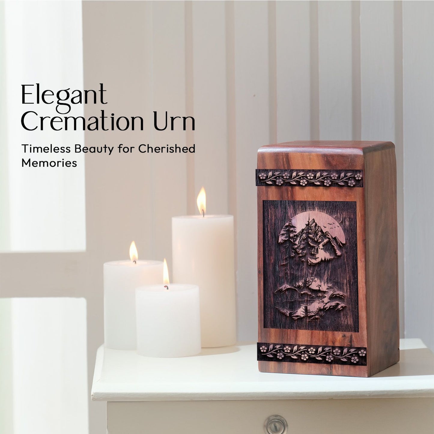 Wooden Tranquil Lake Cremation Urn for Human Ashes