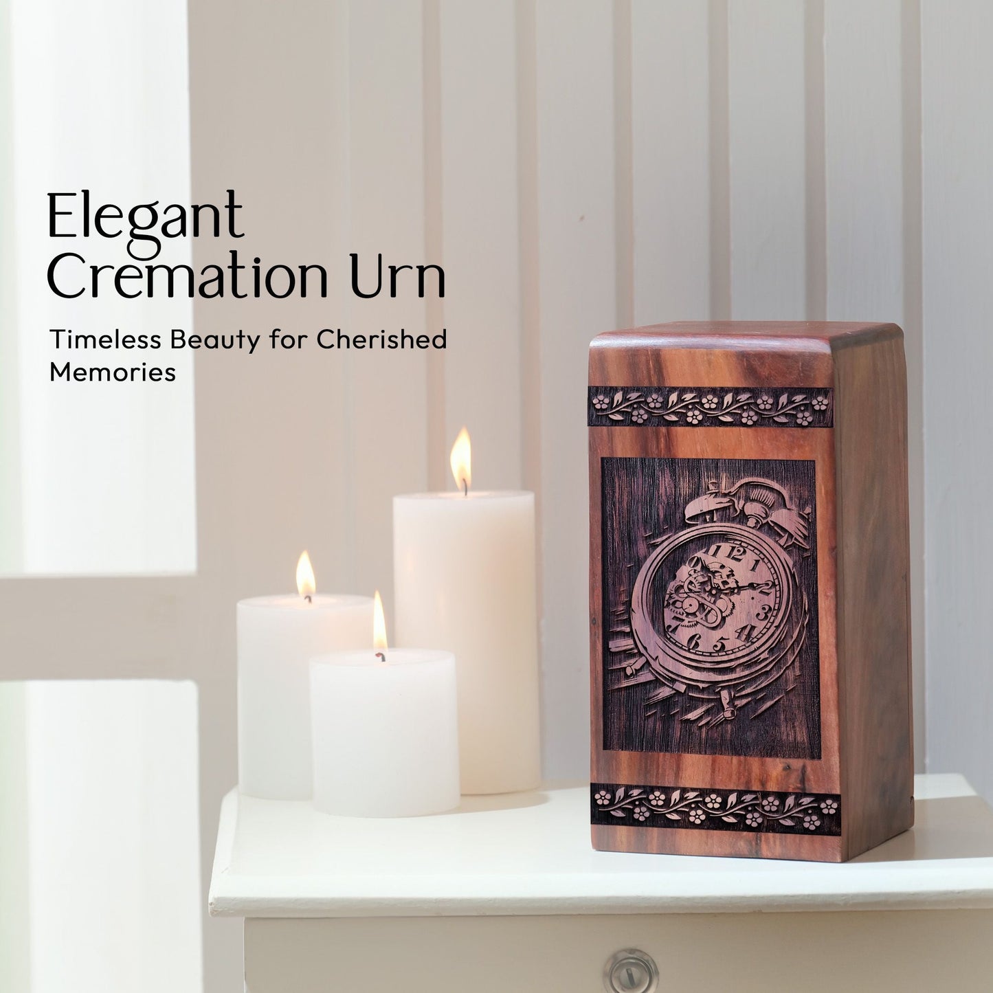 Mini Wooden Memorial Urn with Clock Wood Box for Ashes