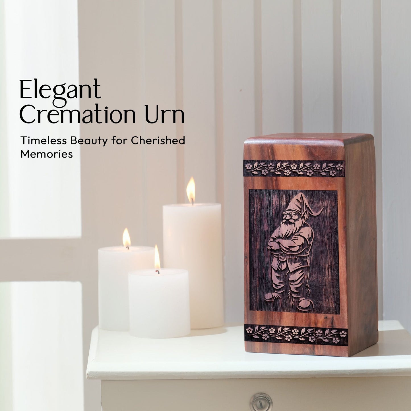Unique Wooden Memorial Urn with Garden Gnome Wood Box