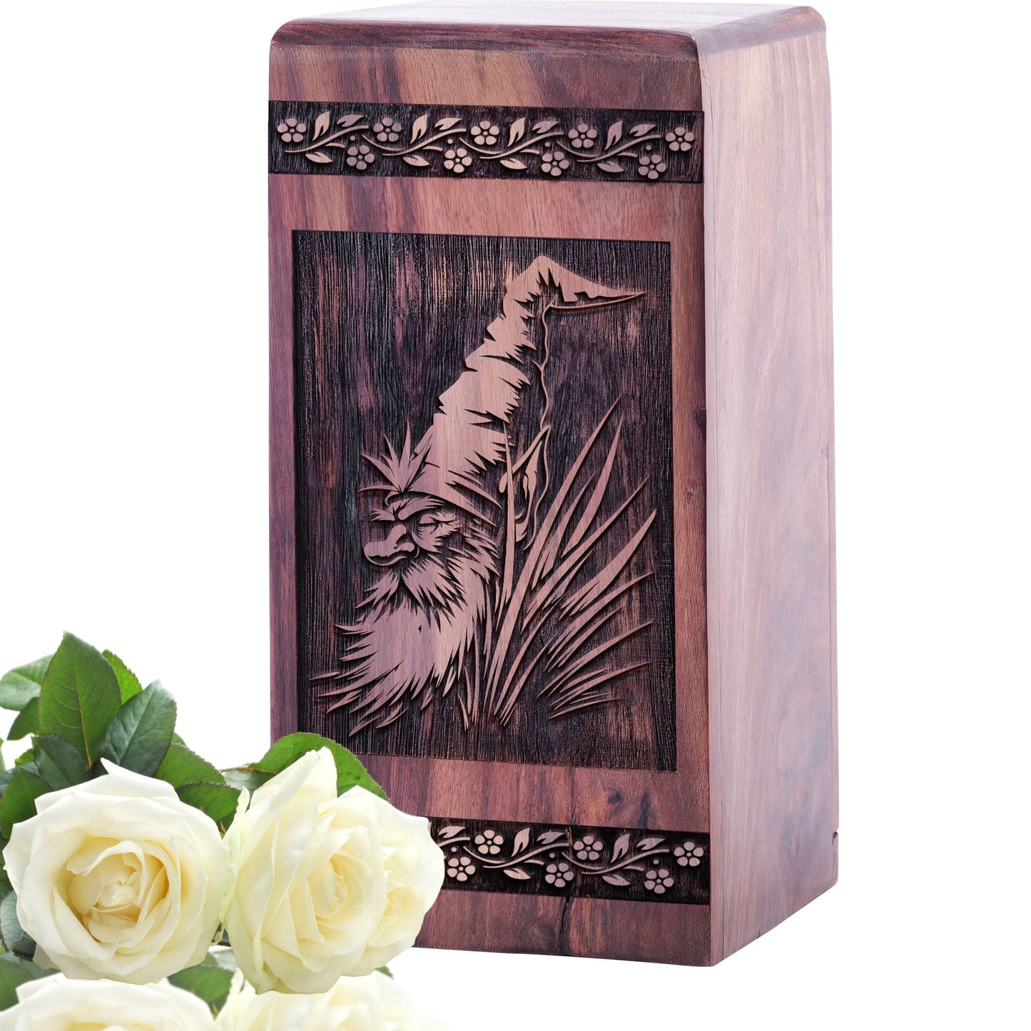 Unique Wooden Cremation Urn with Garden Gnome Urn