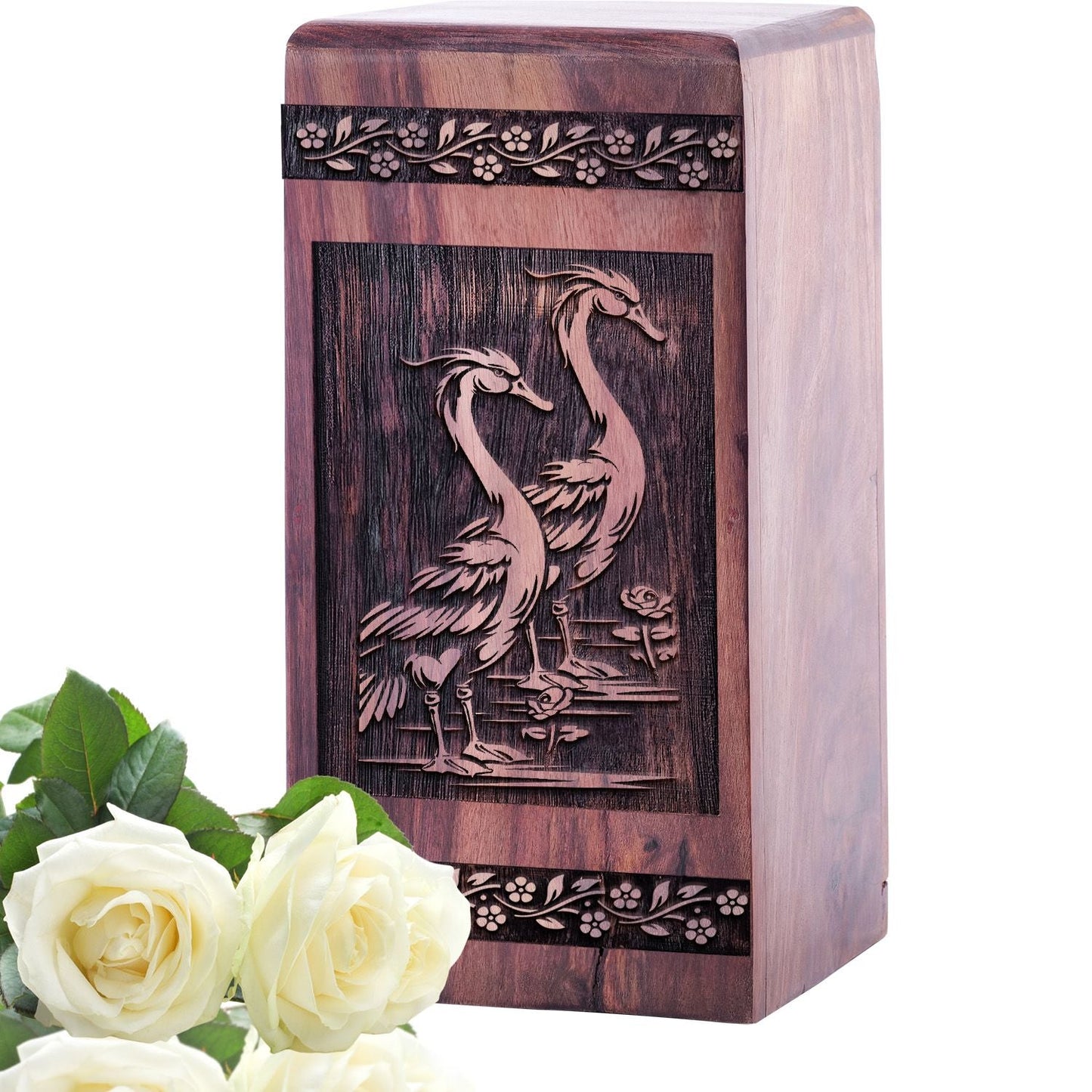 Handcrafted Wooden Cremation Urn with Swans Wood Box