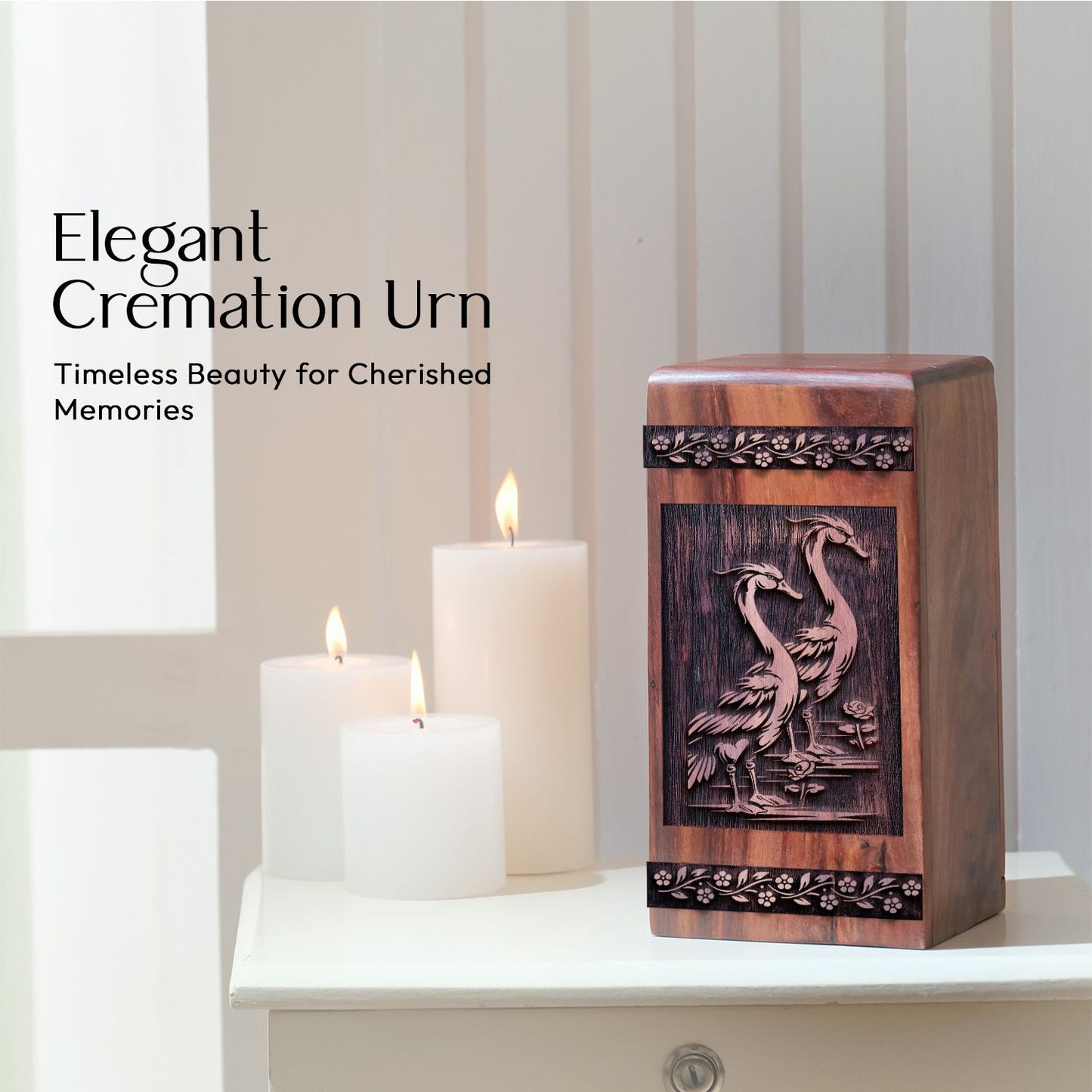 Handcrafted Wooden Cremation Urn with Swans Wood Box