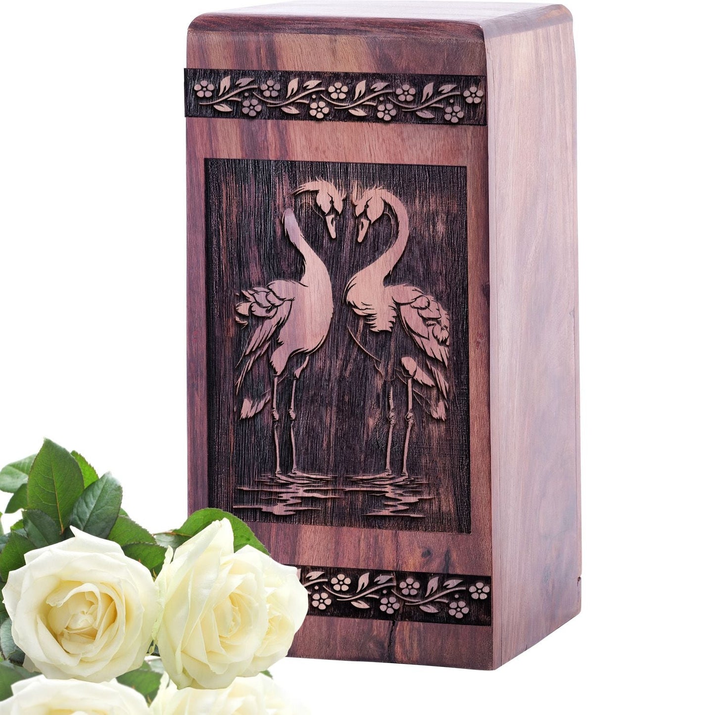 Unique Wooden Memorial Urn with Swans Wood Boxfor Adults