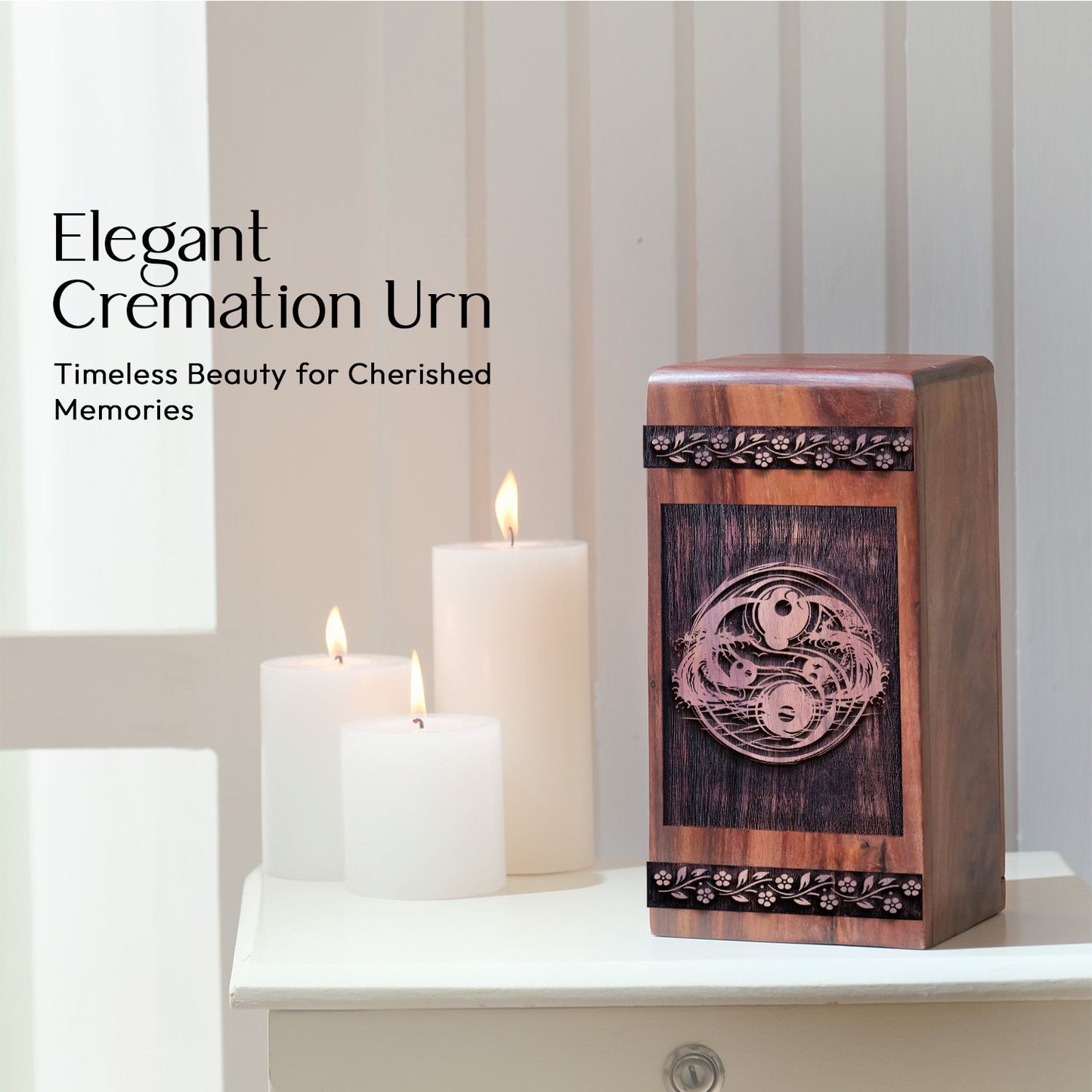 Medium Yin and Yang Wooden Urn for Human Cremation Ashes