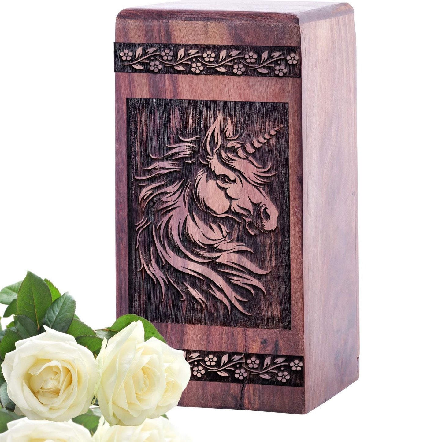 Unique Wooden Cremation Urn with Unicorn Large Wood Urn