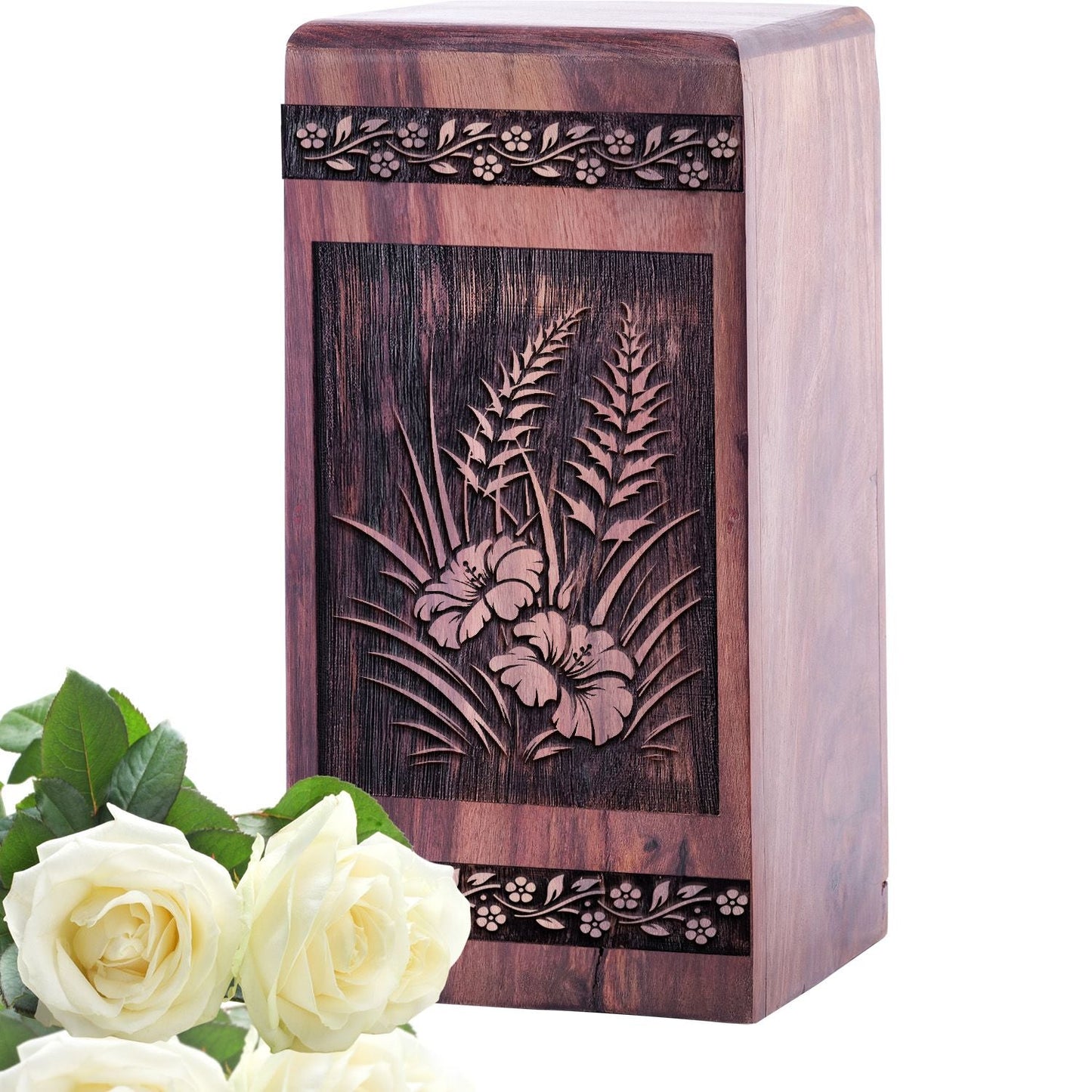 Handcrafted Wooden Cremation Urn with Poppies Cremation Urn
