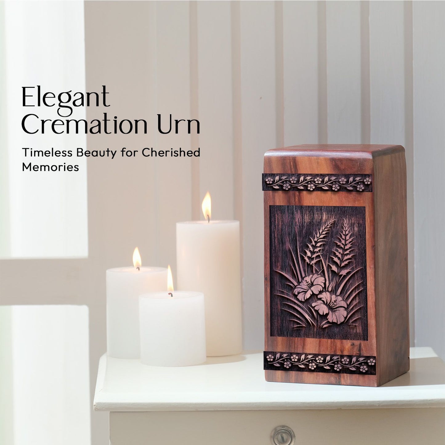 Handcrafted Wooden Cremation Urn with Poppies Cremation Urn
