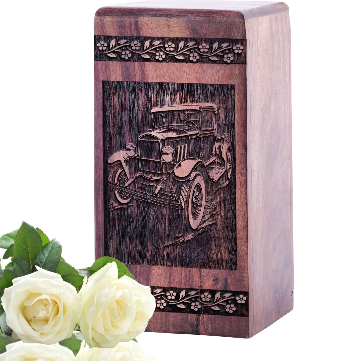 Unique Wooden Cremation Urn with Vintage Car Urn