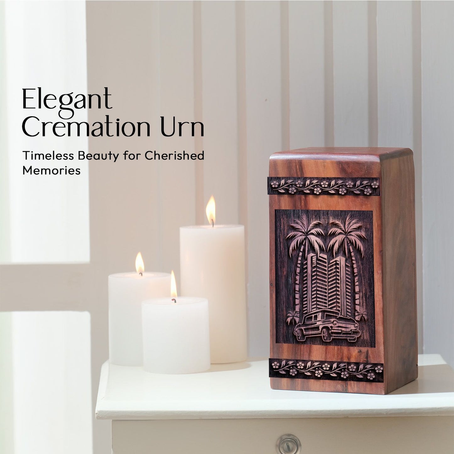 Handcrafted Wooden Cremation Urn with Miami Urn for Adults