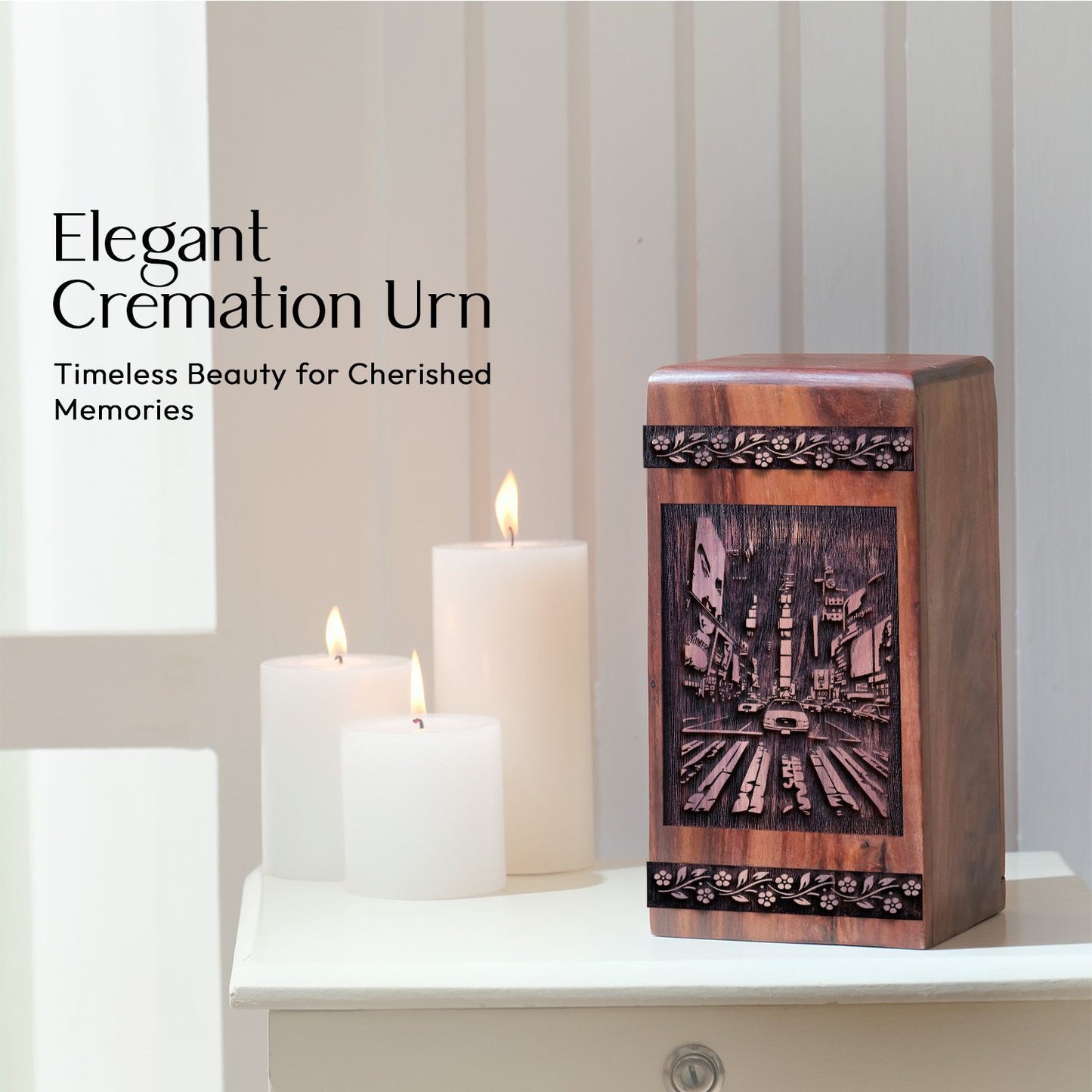 Medium Wooden Times Square Memorial Urn for Cremation Ashes