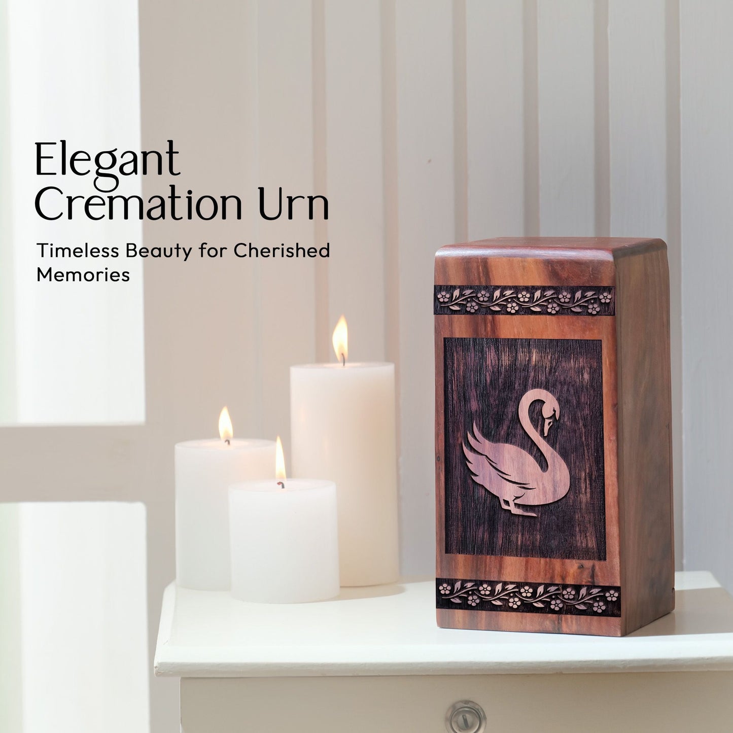 Mini Wooden Memorial Urn with Swan Urn for Adult Ashes
