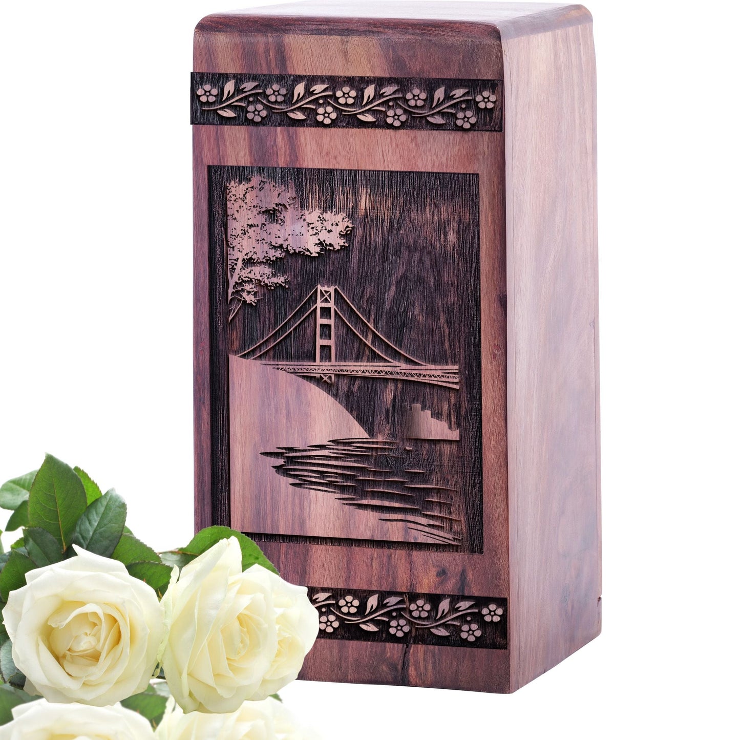 Handcrafted Wooden Memorial Urn with Golden Gate Bridge