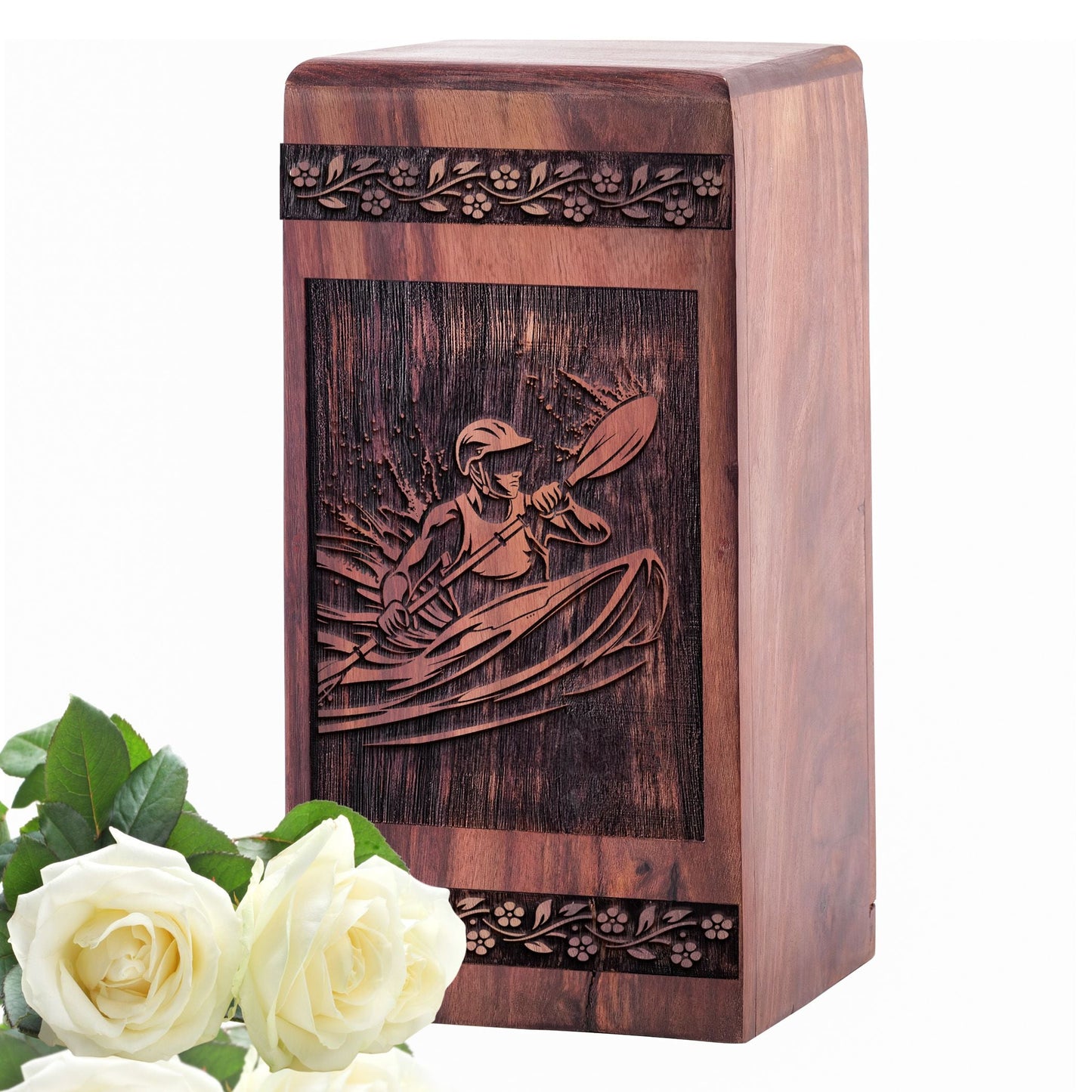Handcrafted Wooden Cremation Urn with Geometric Tail and Nucleus