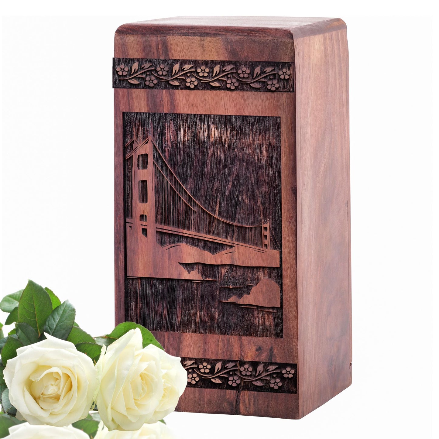 Beautiful Wooden Memorial Urn with Golden Gate Bridge Urn