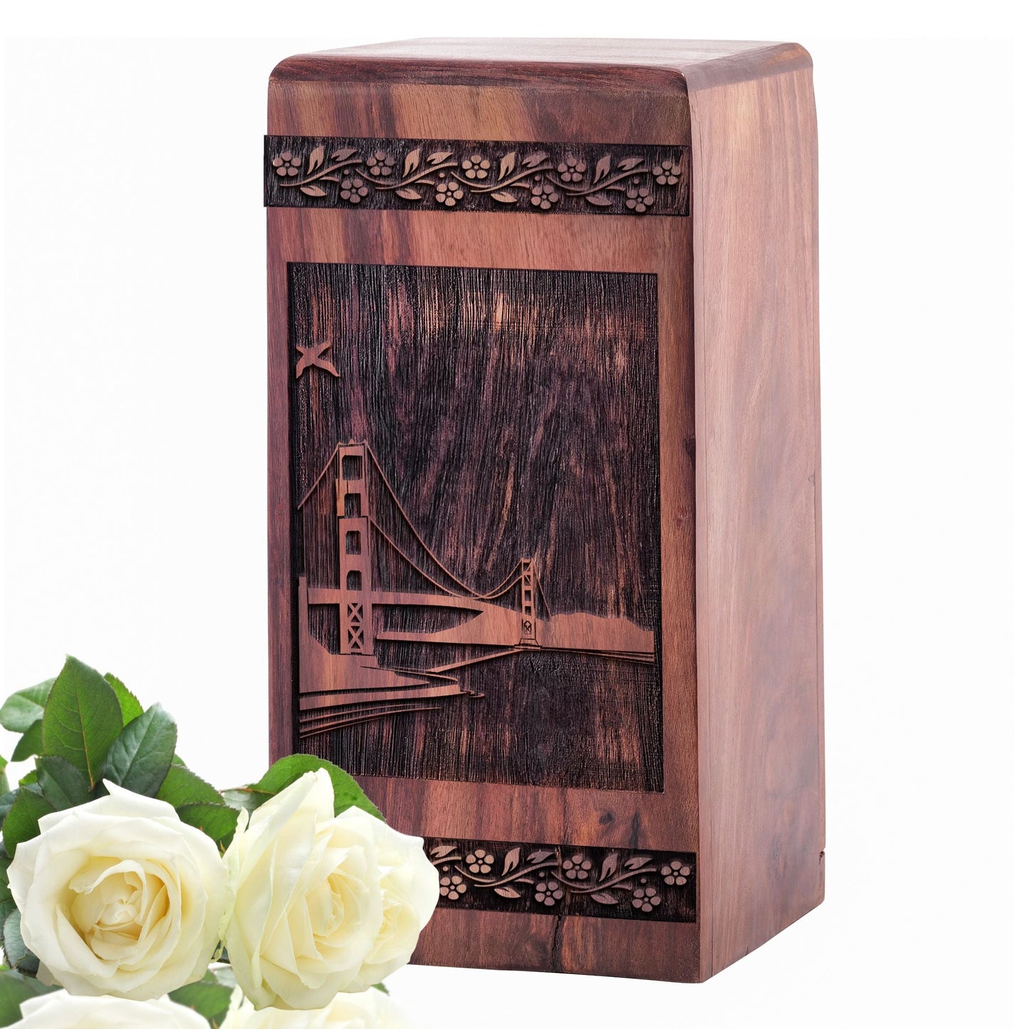 Beautiful Handcrafted Wooden Urn with Golden Gate Bridge