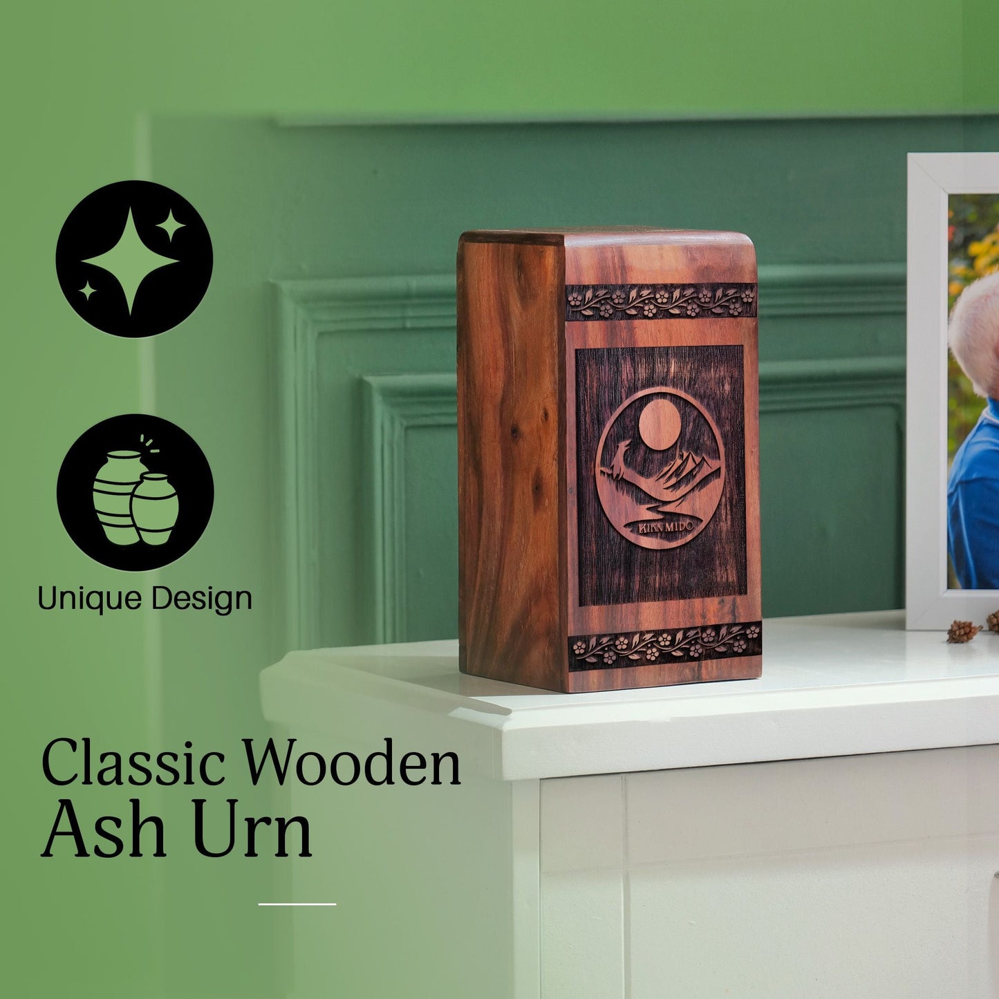 Wooden Mountain Urn for Ashes - Handcrafted Memorial