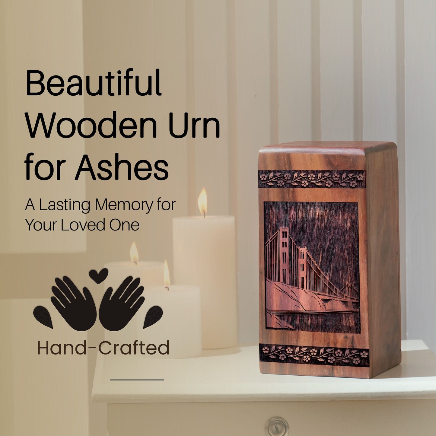 Handcrafted Wooden Golden Bridge Urn for Ashes - Unique Tribute