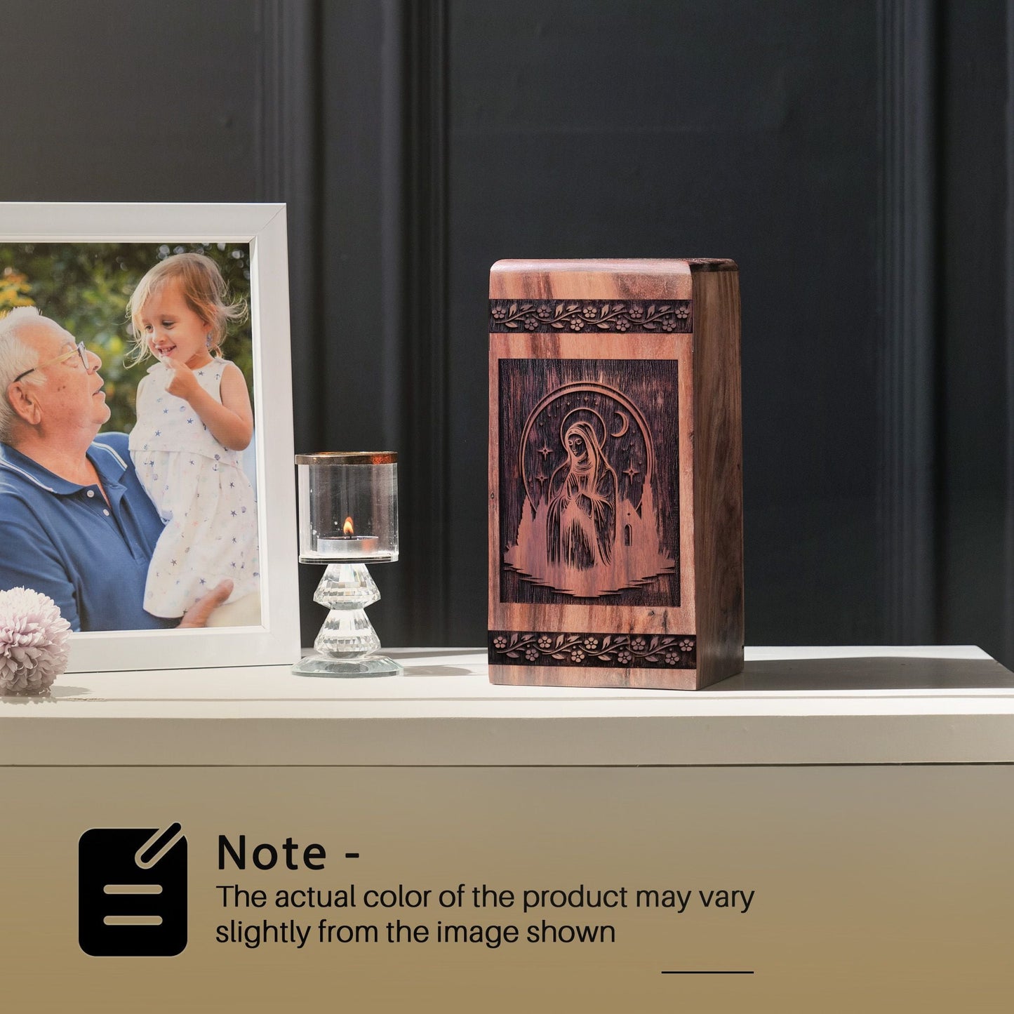 Wooden Mary Urn Box for Ashes - Unique Memorial