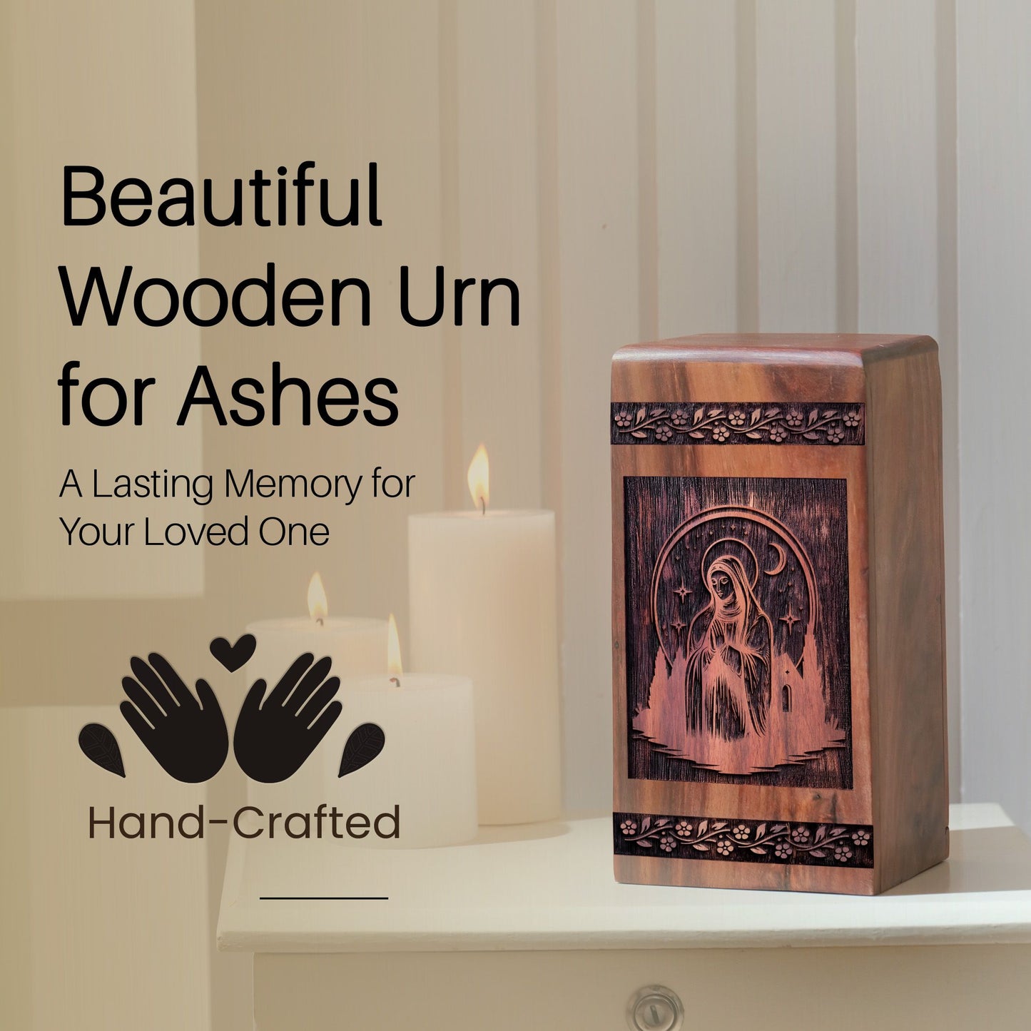 Wooden Mary Urn Box for Ashes - Unique Memorial