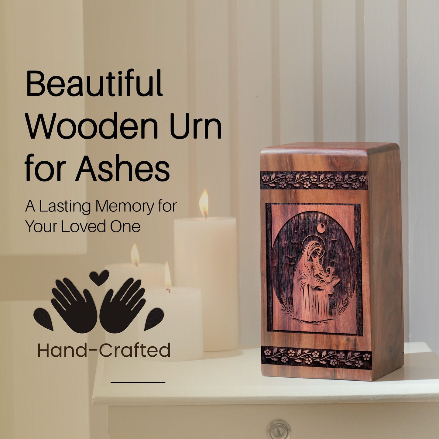 Handcrafted Wooden Mary Urn for Ashes - Timeless Tribute