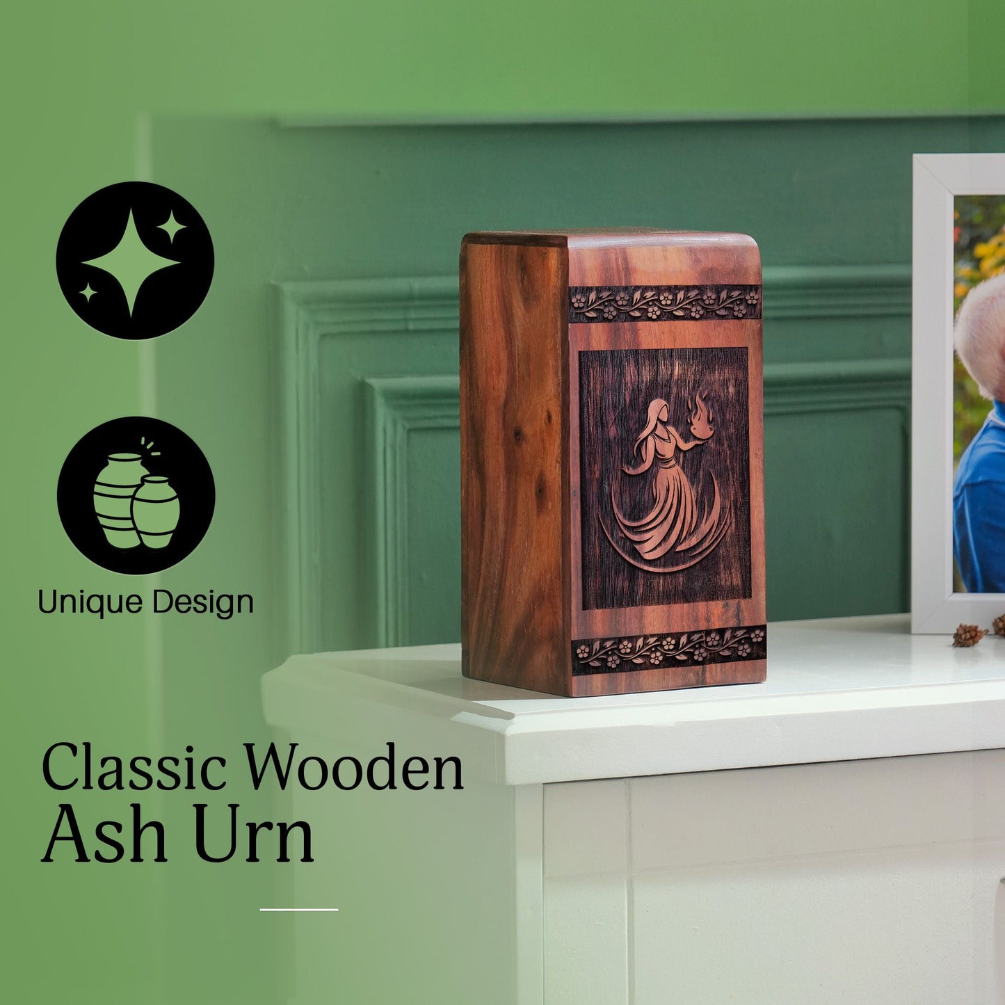 Handcrafted Wooden Female Dancing Urn for Human Ashes
