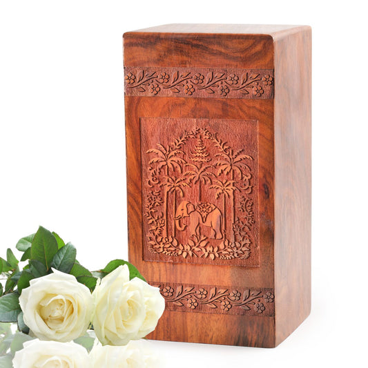 Elephant Wooden Box Urn For Human Ashes - Wood Urn For Cremation