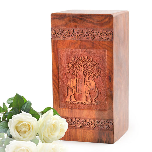 Elephant Wooden Urn Box For Human Ashes - Wood Box For Burial