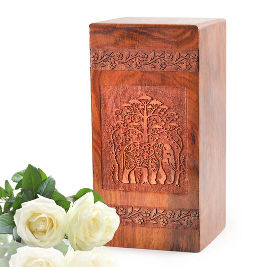 Elephant Wooden Box For Cremation Ashes - Wood Urn For Adult