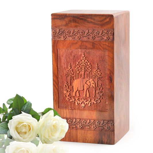 Elephant Wooden Urns For Burial Ashes - Handmade Cremation Box