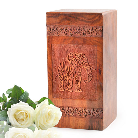 Elephant Wooden Urn For Human Ashes - Wood Cremation Box